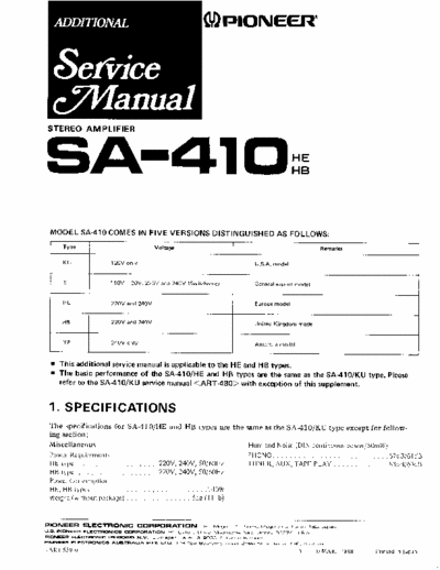 Pioneer SA-410 Service Manual for Stereo Amplifier